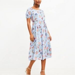 LOFT Floral Tie Waist Tiered Midi Dress Blue NWT Size L